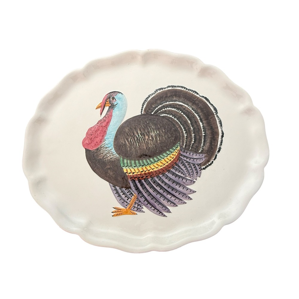 Vintage Hand Painted Made in Italy Turkey Platter 18" White Thanksgiving Harvest